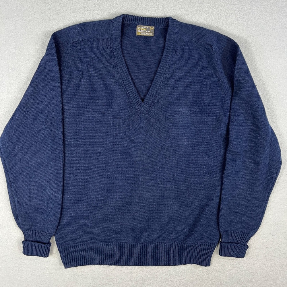 VTG‎ JCPenney Acrylic Sweater Fits Medium Blue V Neck 70s/80s Preppy Knit
